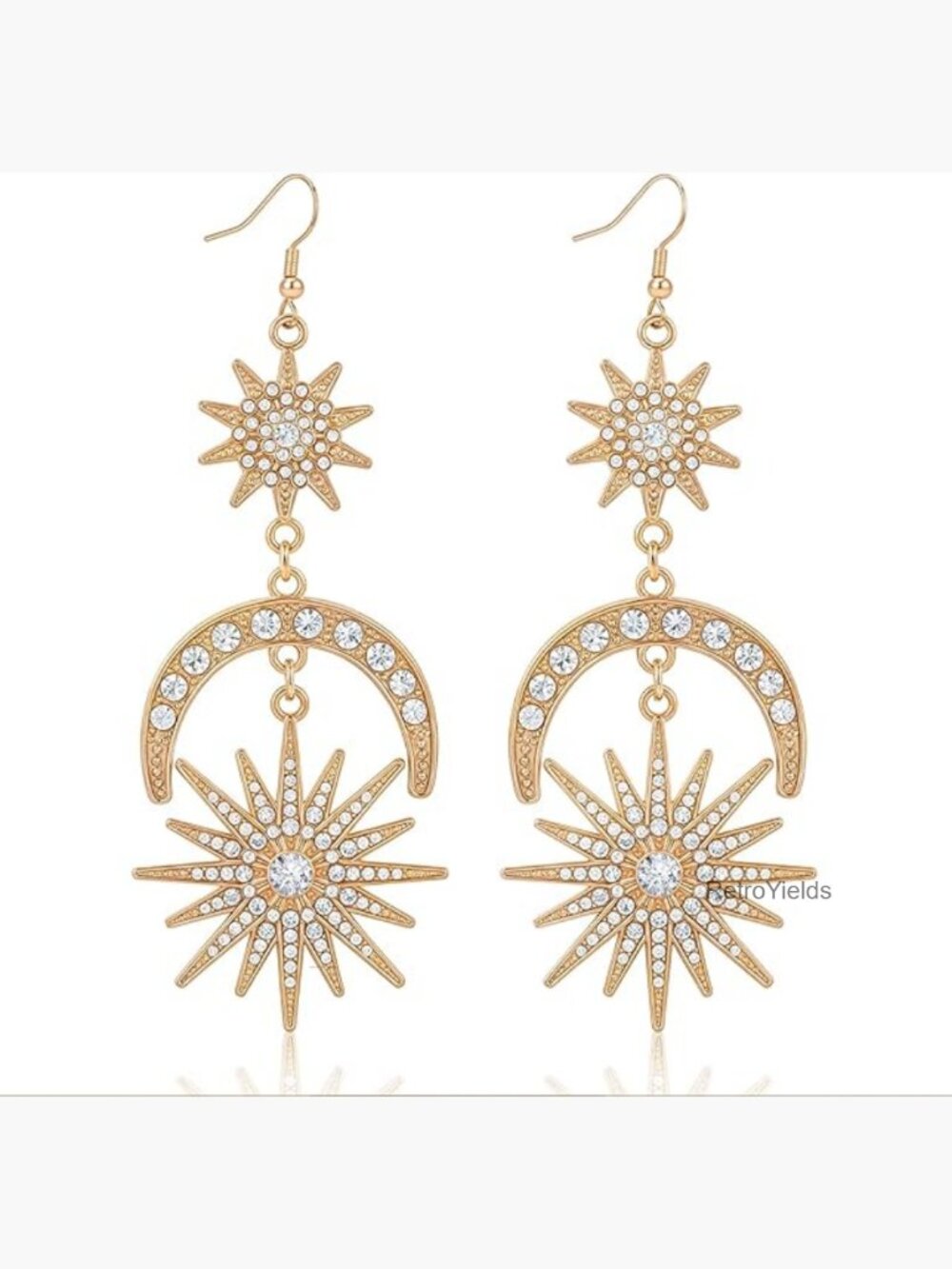 Gold Sun Moon Star Dangle Earrings Hypoallergenic Celestial Boho